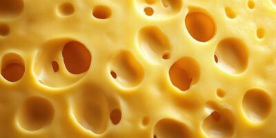 Close-up view of Swiss cheese showcasing unique holes and rich texture at a deli during daylight photo