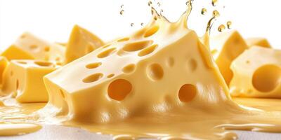 Melted cheese oozing from various cheese blocks on a white background photo