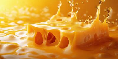 Cheese block splashing in melted cheese sauce creating a vibrant, delicious scene in warm lighting photo