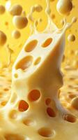 Cheese melting and bubbling in a vibrant yellow background highlighting texture and movement photo
