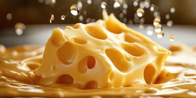 Melted cheese drizzles over a gooey block of cheddar on a wooden table at a cozy diner during lunch hours photo