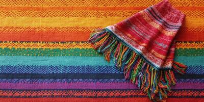 Brightly colored woven blanket displayed on a vibrant textile background showing intricate patterns and warm hues photo