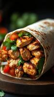 Grilled chicken wrap filled with fresh vegetables and herbs served on a wooden board photo