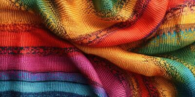 Colorful woven blanket showcases vibrant patterns and textures perfect for cozy settings and artistic displays photo