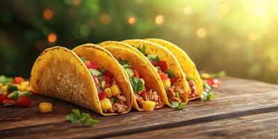 Tasty tacos filled with fresh ingredients served on a rustic wooden table in a vibrant outdoor setting photo