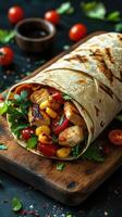 Delicious burrito filled with grilled chicken, fresh vegetables, and vibrant toppings on a wooden board photo