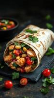 Freshly made chicken wrap with vegetables served on a slate platter in a cozy dining setting photo
