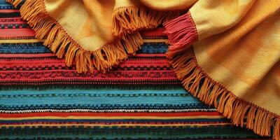 Colorful woven textiles showcase intricate patterns and textures on a vibrant fabric background photo