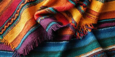 Colorful woven blanket showcasing intricate patterns in vibrant hues and textures photo