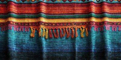 Textile with vibrant colors and intricate patterns displayed during a market in a warm sunlight environment photo