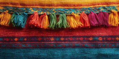 Colorful woven textile with intricate patterns and vibrant tassels showcasing traditional craftsmanship photo