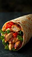 Delicious chicken wrap filled with fresh vegetables and herbs presented on a dark background photo