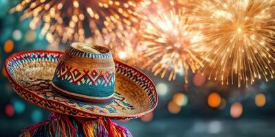 Colorful sombrero worn by a person enjoying a vibrant fireworks display during a festive celebration at night photo