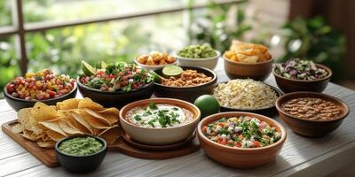 Festive display of colorful Mexican dishes featuring chips, salsas, and fresh toppings in a bright, natural setting photo