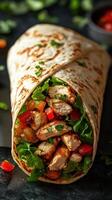 Savory chicken wrap filled with fresh vegetables and herbs prepared in a lively kitchen setting photo
