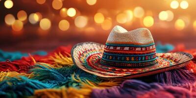 Colorful sombrero resting on a vibrant woven blanket with warm lights in the background during a festive gathering photo