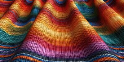 Vibrant woven textile featuring colorful patterns with rich hues in a sunny artisan market setting photo