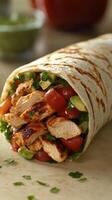 Savory chicken wrap filled with fresh vegetables and herbs, served on a rustic surface photo