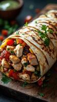 Delicious chicken burrito filled with fresh vegetables served on a wooden board photo
