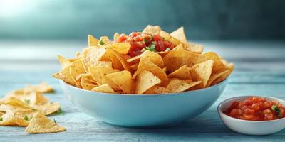 Crunchy tortilla chips served with fresh salsa in a bowl on a wooden table photo