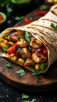 Delicious grilled chicken tortilla wrap filled with fresh vegetables and herbs on a wooden board photo