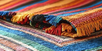 Vibrant woven textile displaying intricate patterns of colors and textures in a close-up view photo