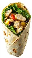 Freshly wrapped chicken burrito with colorful vegetables served for lunch photo