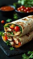Delicious chicken wrap filled with fresh vegetables on a dark background with salsa photo