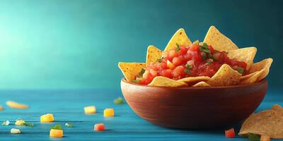 Freshly made salsa served in a wooden bowl with crispy tortilla chips on a turquoise background photo