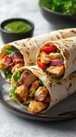 Delicious grilled chicken wraps filled with fresh vegetables served on a stylish plate photo