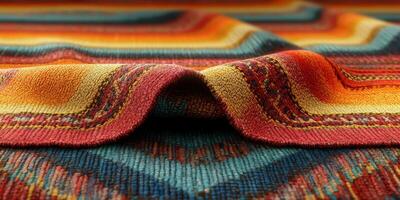 Vibrant woven textile showcasing intricate patterns with rich colors for decorative or functional use photo