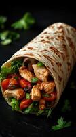 Delicious chicken wrap with fresh vegetables on a dark background highlighting the colorful ingredients photo