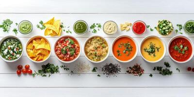Colorful spread of various dips and salsas served with fresh ingredients on white wooden table photo
