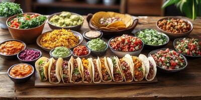 Delicious spread of tacos with various sides served on a wooden table in a cozy setting photo