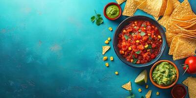 Delicious salsa and guacamole served with tortilla chips on a bright blue background photo