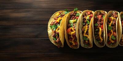 Tacos filled with meat, cheese, and fresh vegetables served on a wooden table at a casual dining setting photo
