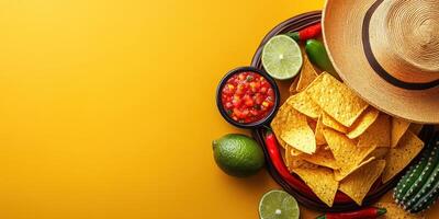 Authentic Mexican snack spread featuring tortilla chips, salsa, and fresh ingredients on a vibrant yellow background photo