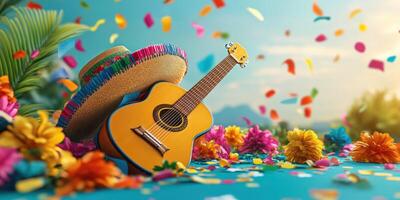 Colorful fiesta setting with guitar, sombrero, and vibrant flowers against a sunny backdrop photo