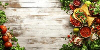 Vibrant spread of fresh Mexican dishes with colorful toppings on a rustic wooden table photo