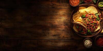 Delicious tacos served on a wooden table with various dips during a casual dinner gathering photo