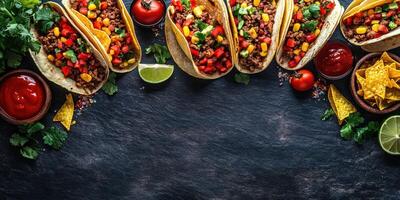 Delicious tacos prepared with fresh ingredients and vibrant toppings on a textured surface ideal for a casual gathering photo