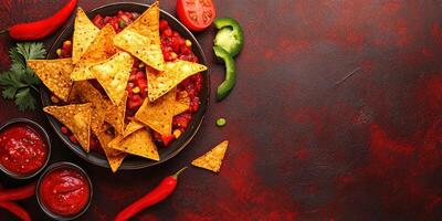 Delicious nachos topped with fresh salsa and green peppers served on a rustic wooden table photo