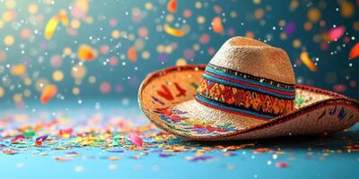Colorful sombrero surrounded by vibrant confetti on a festive blue background at a celebration photo
