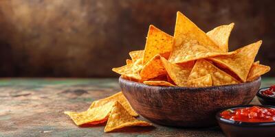 Crispy tortilla chips served in a wooden bowl with various dips on a rustic table setting photo