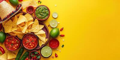 Delicious array of nachos with salsas and fresh toppings on a bright yellow background photo