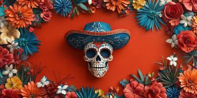 Vibrant sugar skull surrounded by colorful flowers and decorations for a festive celebration photo