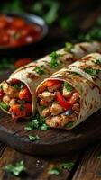 Savory grilled chicken wraps with fresh vegetables served on a wooden board photo