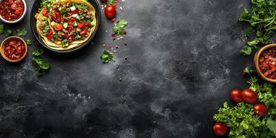 Delicious fresh tacos with vibrant toppings and sides on a dark rustic table photo