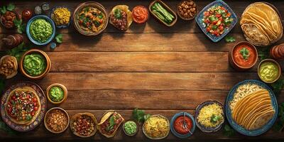 Colorful spread of traditional Mexican dishes arranged on a wooden table during a festive gathering in a cozy indoor setting photo