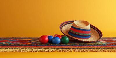 Colorful sombrero and traditional bolos set on vibrant textile against a yellow backdrop for a festive atmosphere photo